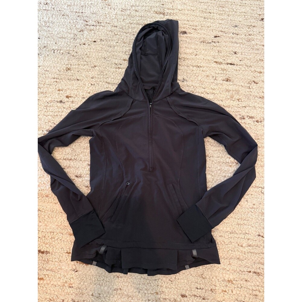 Lululemon Black Hooded Pullover Jacket Womens Size 4 Thumbholes Ruffle Hem